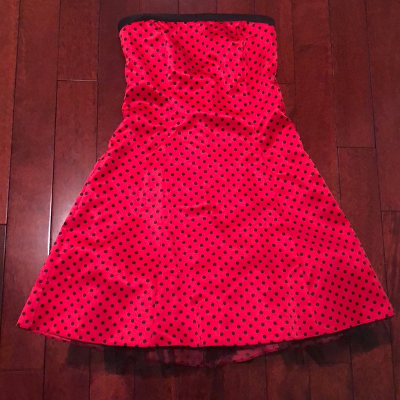 Dress strapless with lace up back Red black polkadot pinup prom satin - Picture 2 of 6
